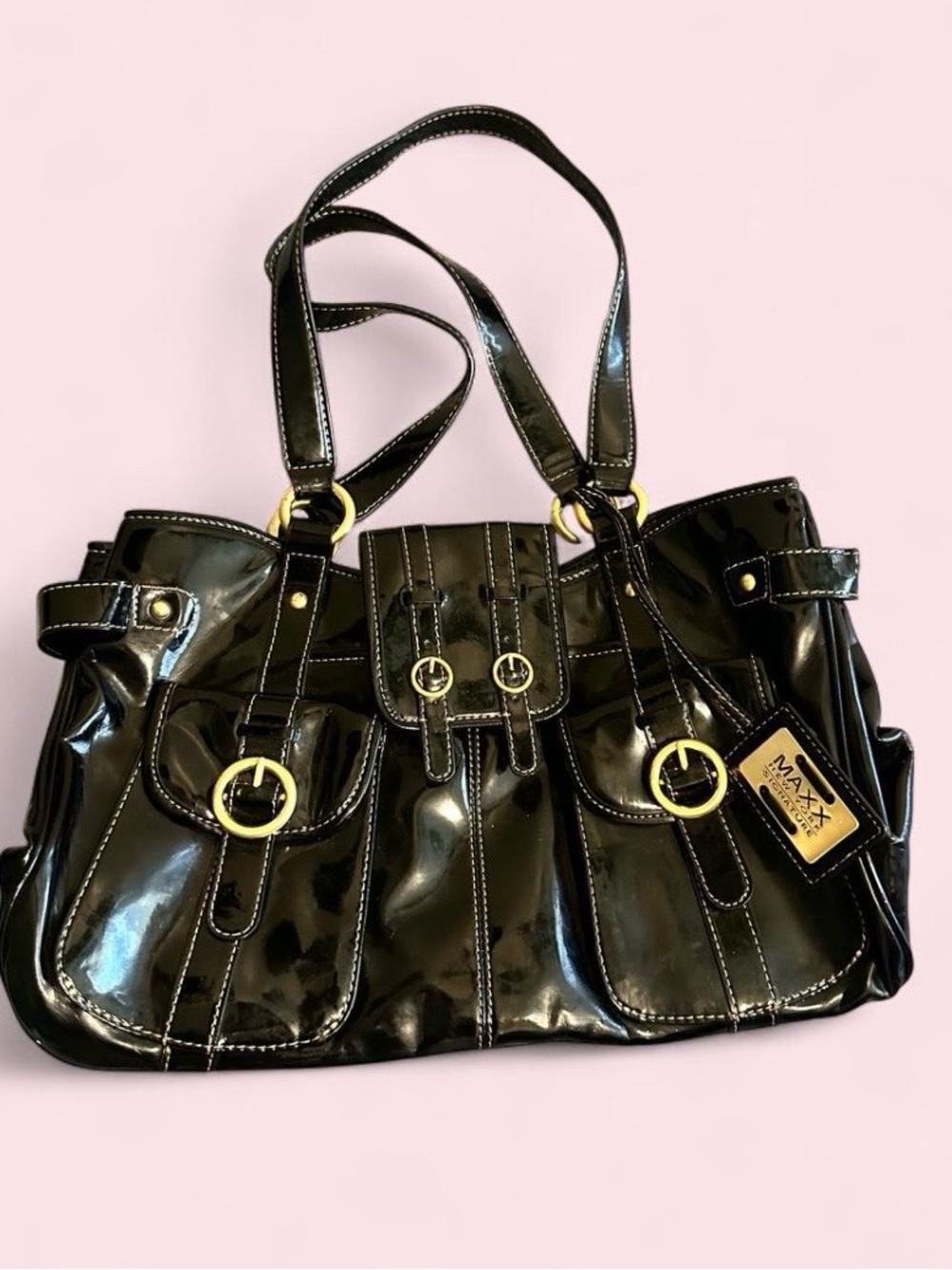 Maxx New York Black Patent Gold-Accent Shoulder Tote